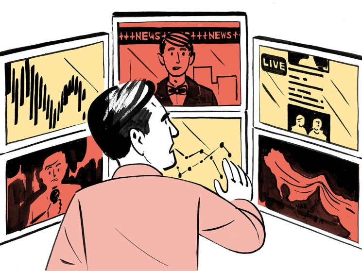 Illustration of a man watching multiple screens