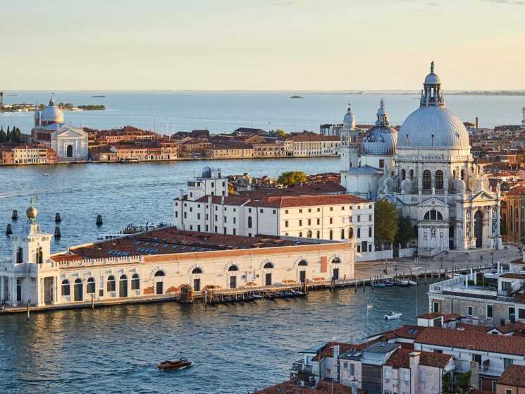 An aerial shot of Venice