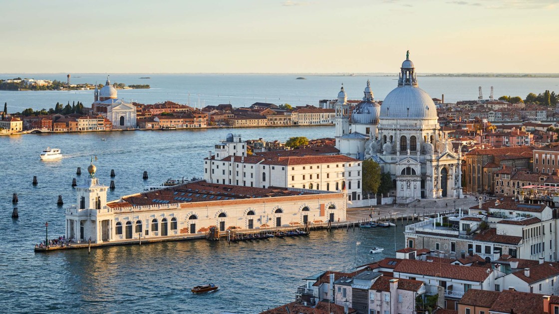 An aerial shot of Venice