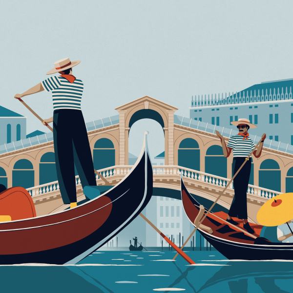 An illustration of two gondoliers in Venice