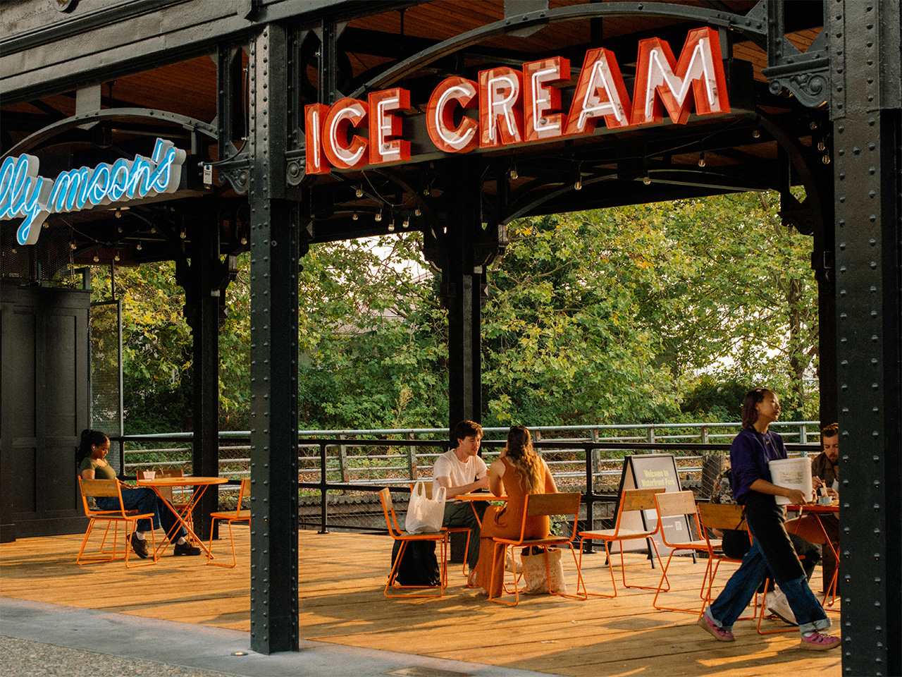 Drinking and dining outposts line the park