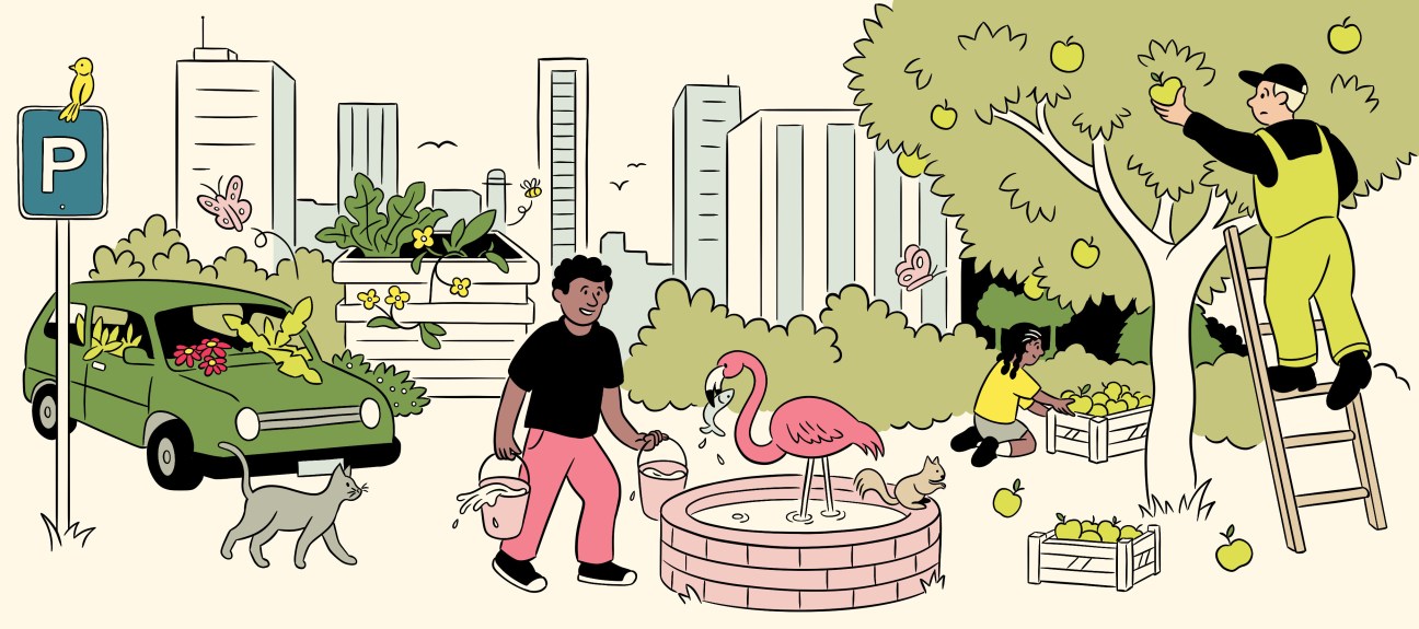Illustration of people planting in different settings in the city