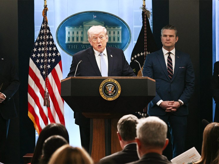 US President Donald Trump, alongside CIA Director John Ratcliffe (L), US Secretary of Defense Pete Hegseth (2R) and Chairman of the Joint Chiefs of Staff General Dan Caine (R), speaks about the conflict in Iran in the James S. Brady Press Briefing Room of the White House on April 6, 2026, in Washington, DC