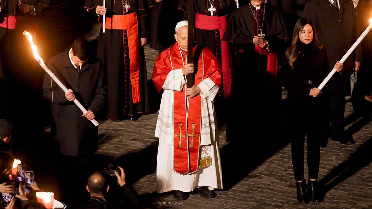Pope Leo XIV leads the way of the cross, Via Crucis at the Roman Colosseum, on April 03, 2026 in Rome, Italy