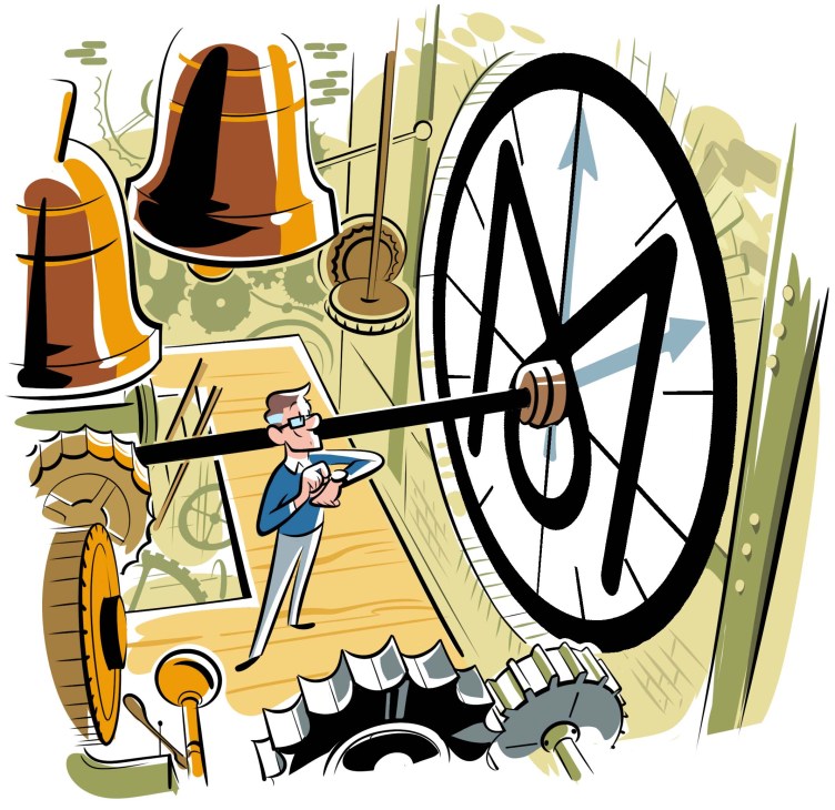 Illustration of Andrew Tuck and a large clock with a Monocle logo