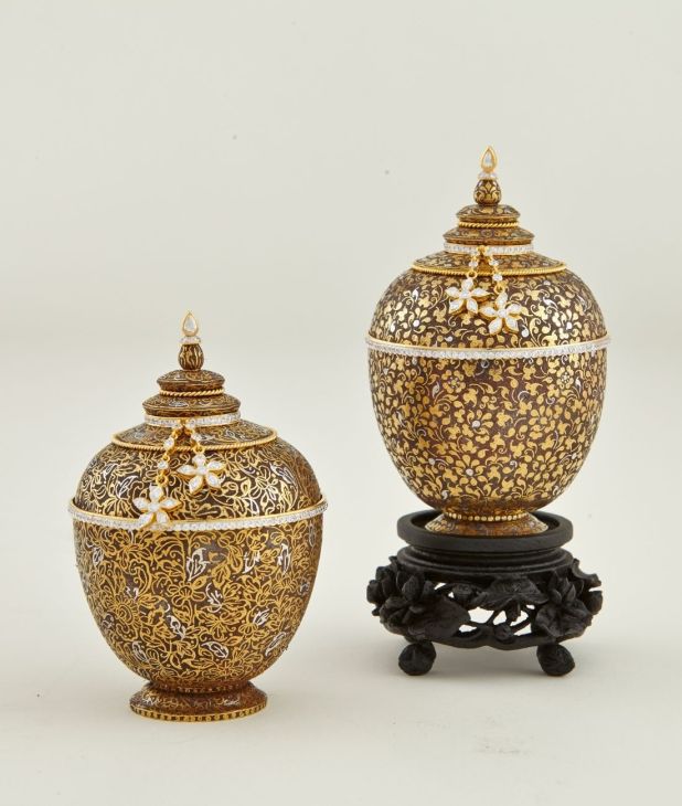 Thai Benjarong porcelain lidded jars