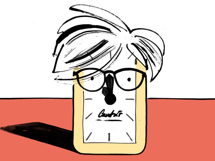 An illustration of a watch with an Andy Warhol wig. Of course.
