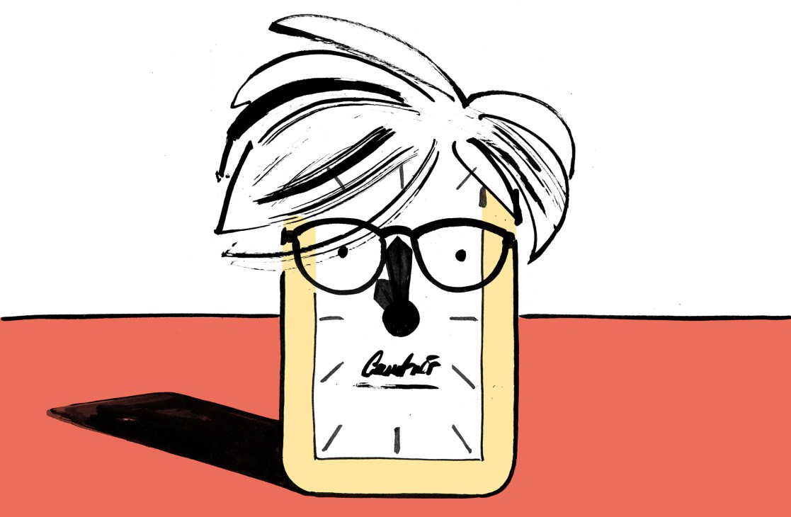 An illustration of a watch with an Andy Warhol wig.