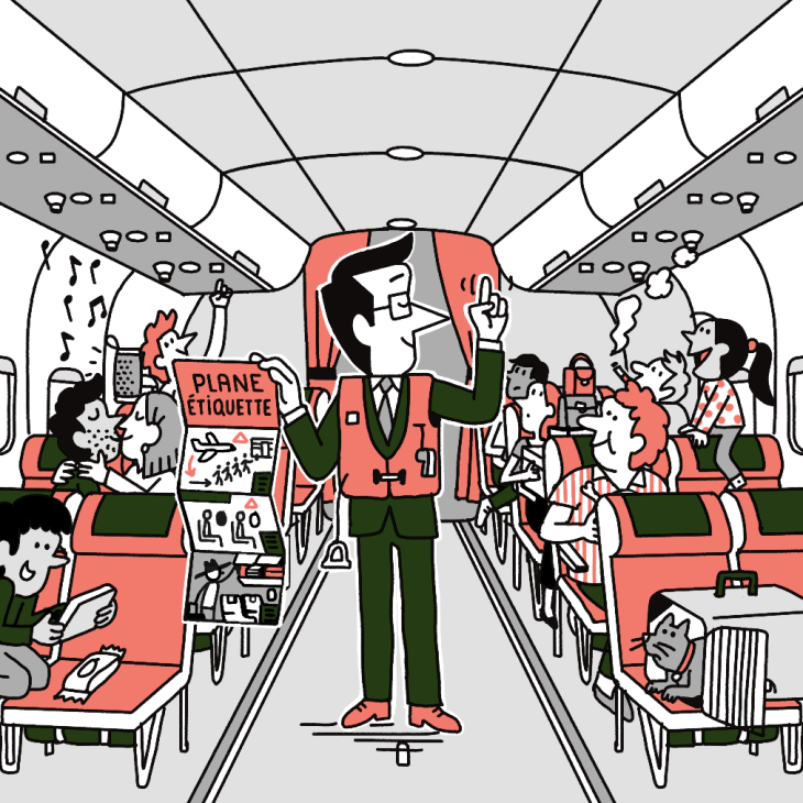 Illustration of Andrew Tuck on a plane