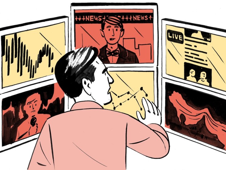 Illustration of a man watching multiple screens