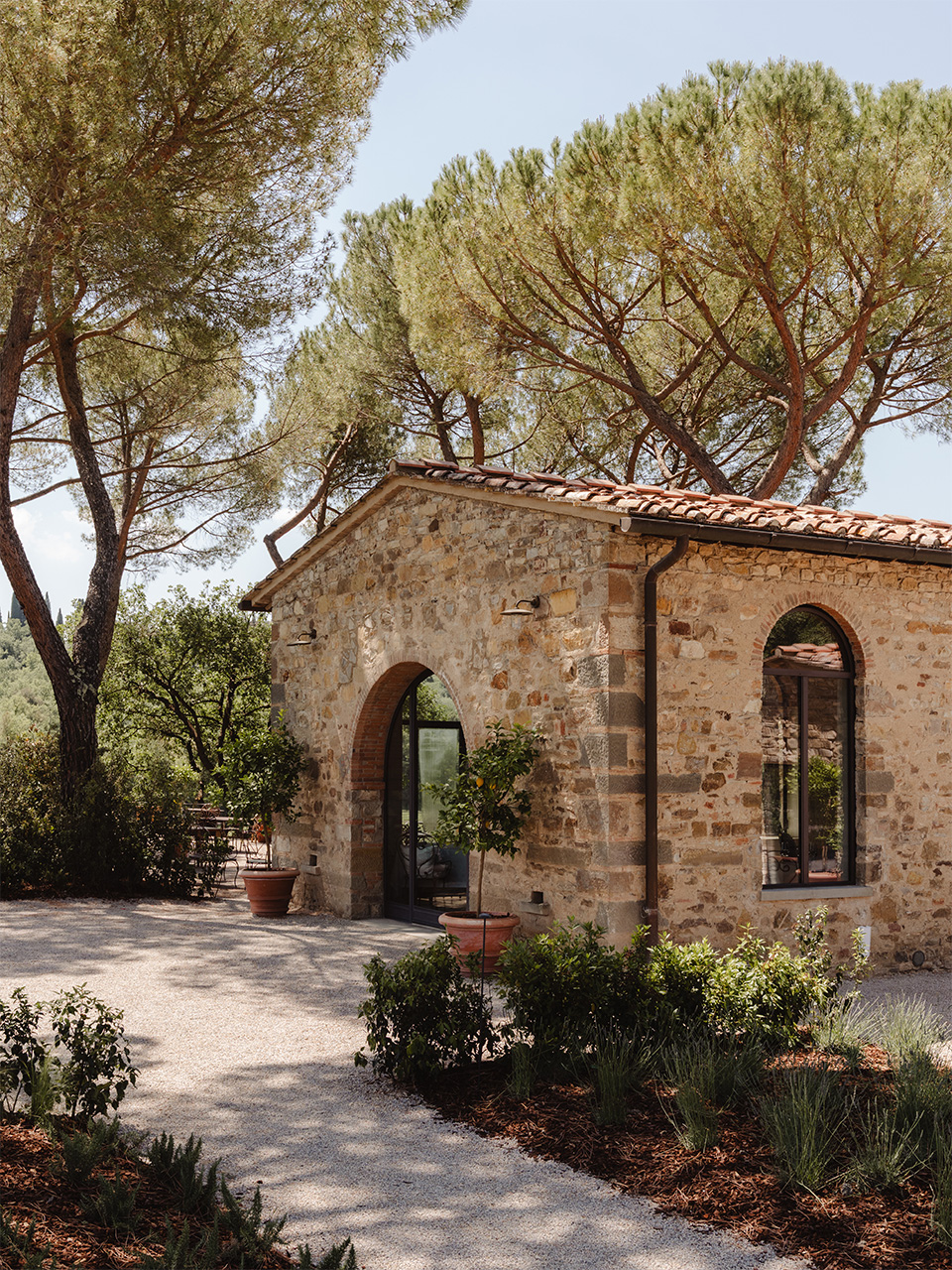 Stone building with arched windows and doors surrounded by tall pine trees in rural Tuscany.