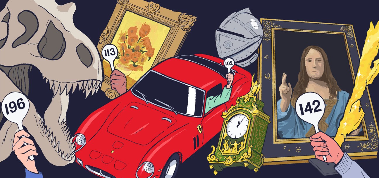 Illustration of cross-category collecting showing a red Ferrari, Van Gogh sunflowers painting, Renaissance portrait, dinosaur skull, and medieval helmet with numbered labels.
