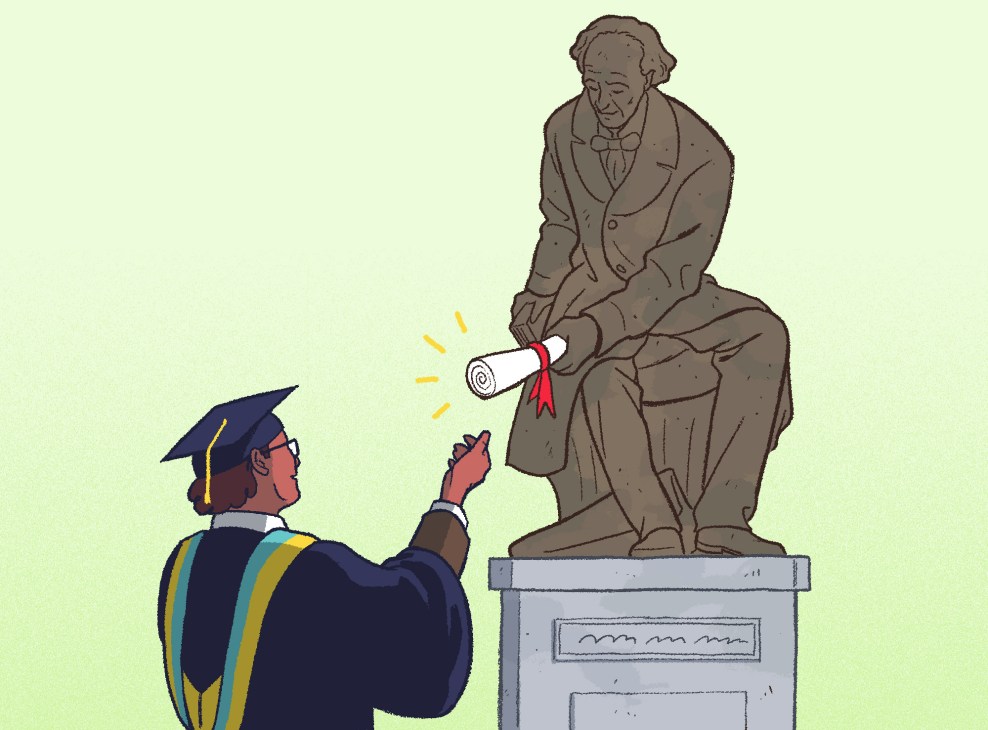 Illustration of a graduate receiving a diploma from a bronze statue of a historical figure.