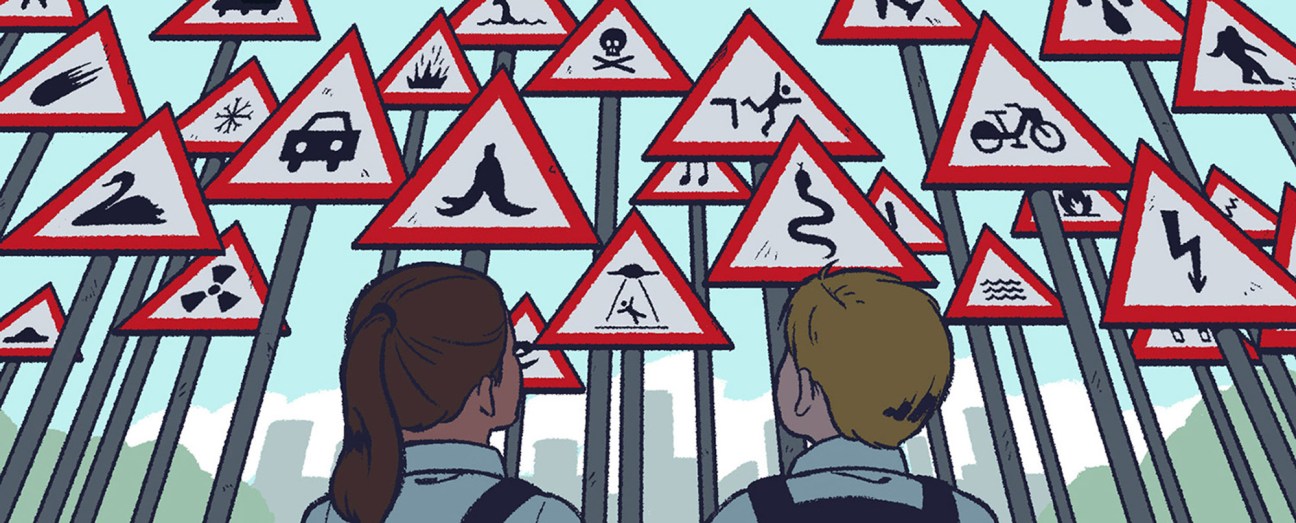 Illustration of two children viewed from behind looking at numerous triangular warning signs depicting various hazards and dangers.