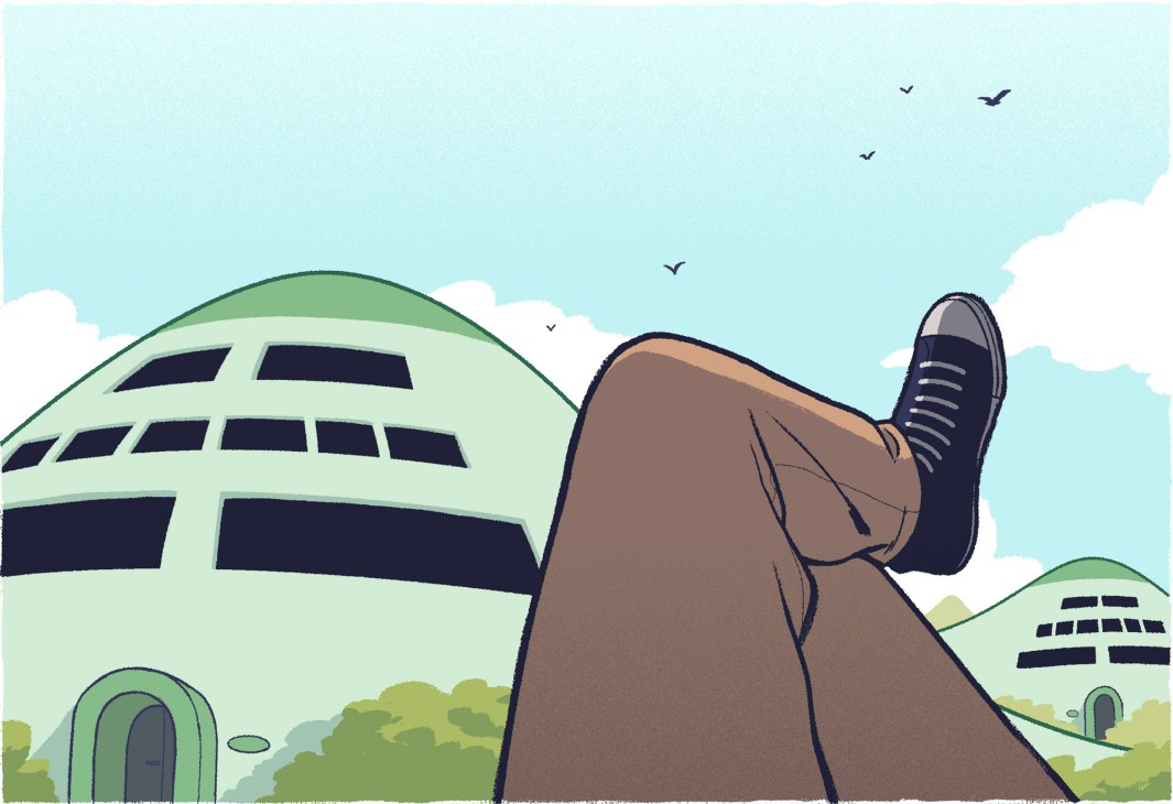 Illustration of a person reclining against modernist aircraft fuselages with greenery below under a blue sky.