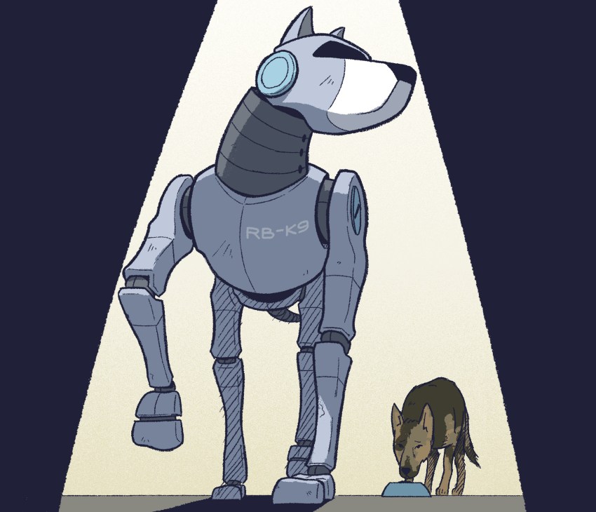 Illustration of a robot with dog head labeled RB-K9 standing next to a German Shepherd dog.