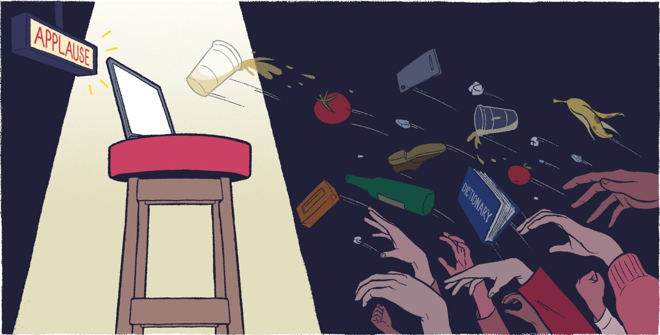 Illustration of a spotlight-lit stage chair with an applause sign, symbolizing recognition and performance.