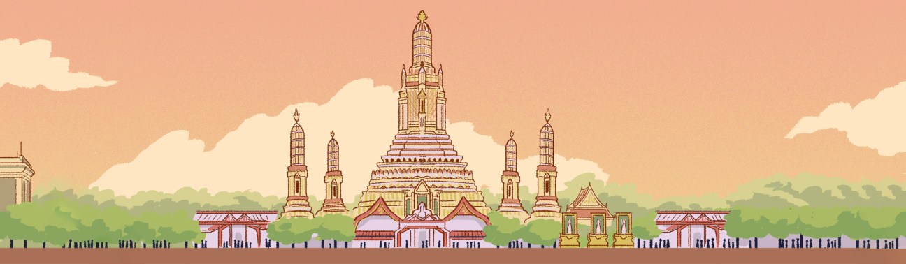 Illustration of an ornate Thai Buddhist temple with golden spires and pointed roofs set against a green landscape.
