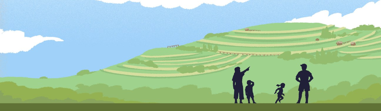 Illustration of silhouettes of two adults and two children standing in a green rolling landscape with terraced fields.
