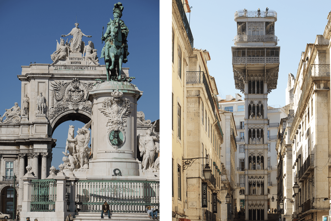 Praça do Comércio gate (pictured, left) and the neo-gothic Elevador de Santa Justa (pictured, right)