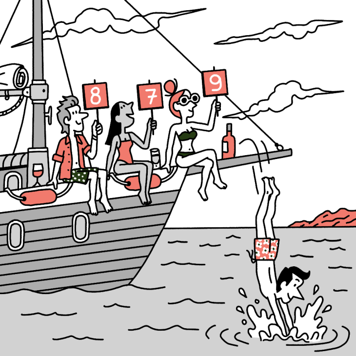 Illustration of Andrew Tuck diving into the sea from a boat