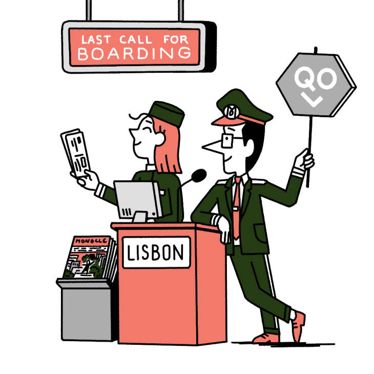 Illustration of Andrew Tuck welcoming arrivals at the Monocle Quality of Life conference 2026