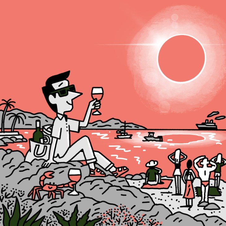 Illustration of Andrew Tuck looking at the eclipse in Menorca