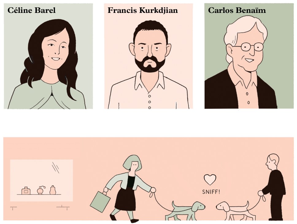 Illustrated portraits of three master perfumers: Céline Barel, Francis Kurkdjian, and Carlos Benaïm.
