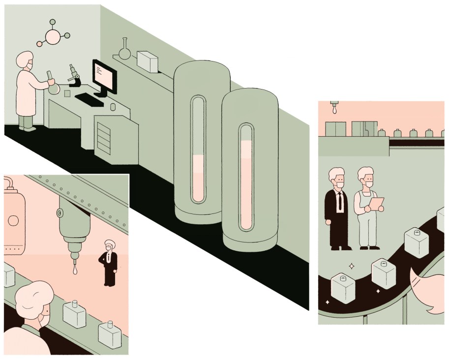 Illustration of fragrance industry operations showing scientists in laboratories, manufacturing facilities with large cylindrical storage tanks, and workers managing products and logistics.