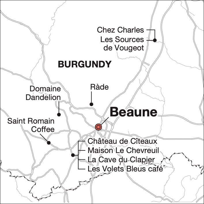 Map of Burgundy region showing Beaune and nearby destinations including hotels, restaurants and cafes.