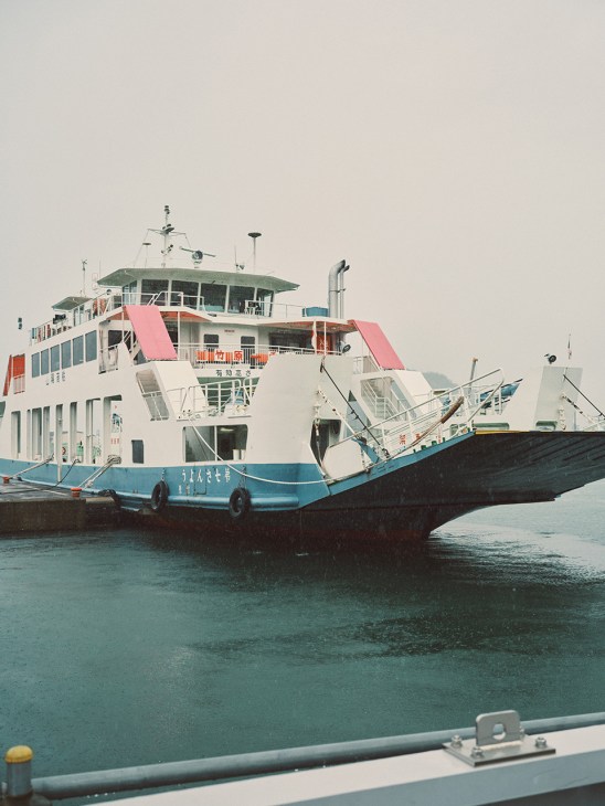 Large white and blue passenger ferry with pink railings docked in turquoise waters.