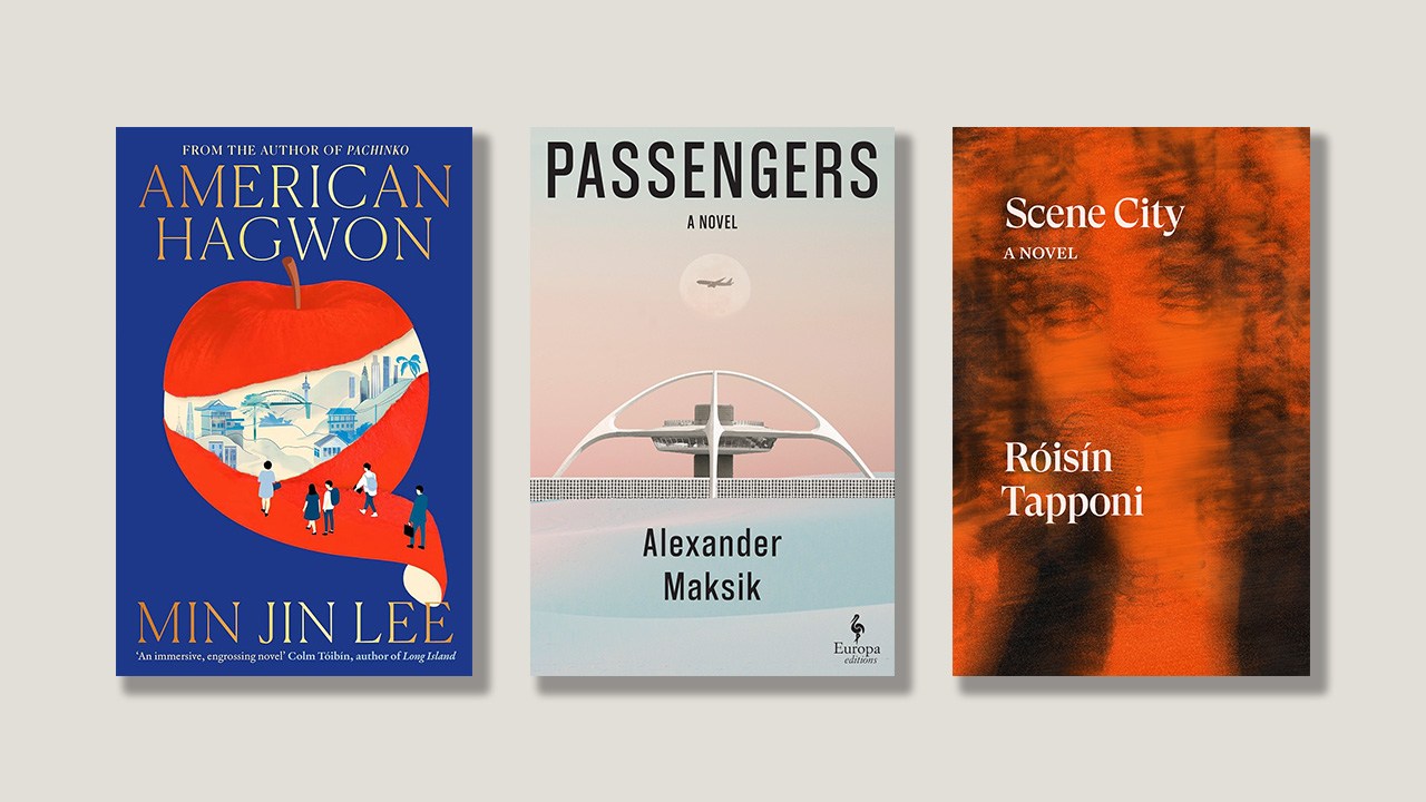 Book covers for American Hagwon by Min Jin Lee, Passengers by Alexander Maksik, and Scene City by Roísin Tapponi.