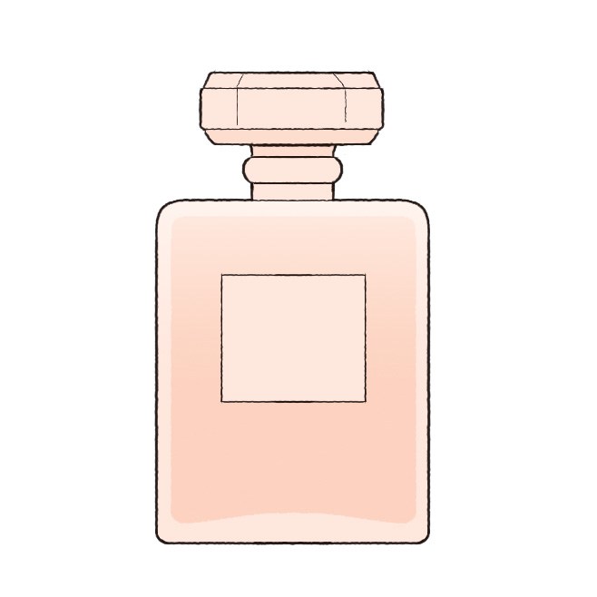 Illustration of a classic perfume bottle with a rectangular stopper and label panel on a peach background.