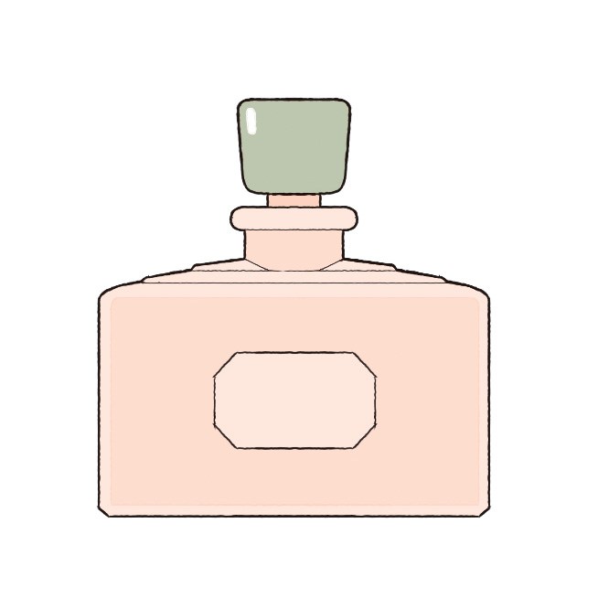 Illustration of a peach-colored perfume bottle with a green square stopper, labeled Miss Dior from the 1940s.