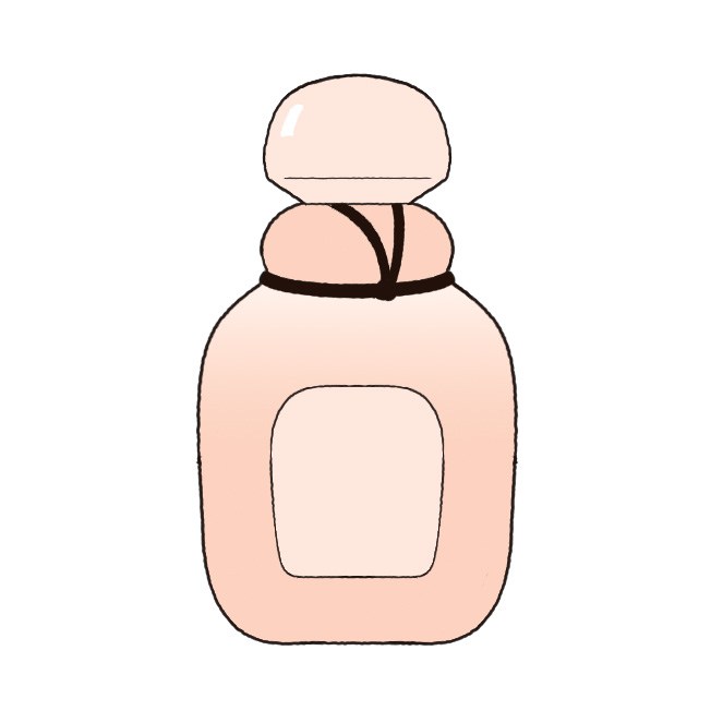Illustration of a peach-colored perfume bottle with a rounded stopper and black band around the neck.