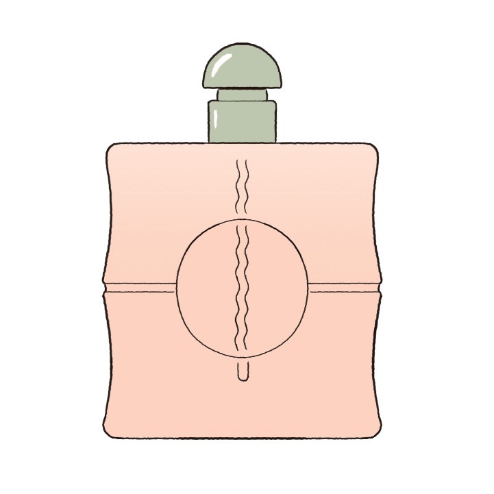 Illustration of a peach-colored perfume bottle with green cap labeled as Opium by YSL from the 1970s/1980s.