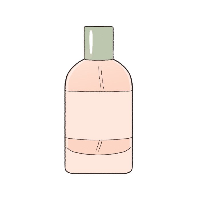 Illustration of a perfume bottle with a pale pink body and sage green cap.
