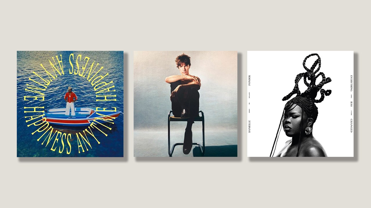 Three album covers displayed side by side: Leon Bridges' 'Happiness Anytime' with yellow text over water, Pierre de Maere seated on a chair, and Danielle Ponder in black and white with sculptural headpiece.