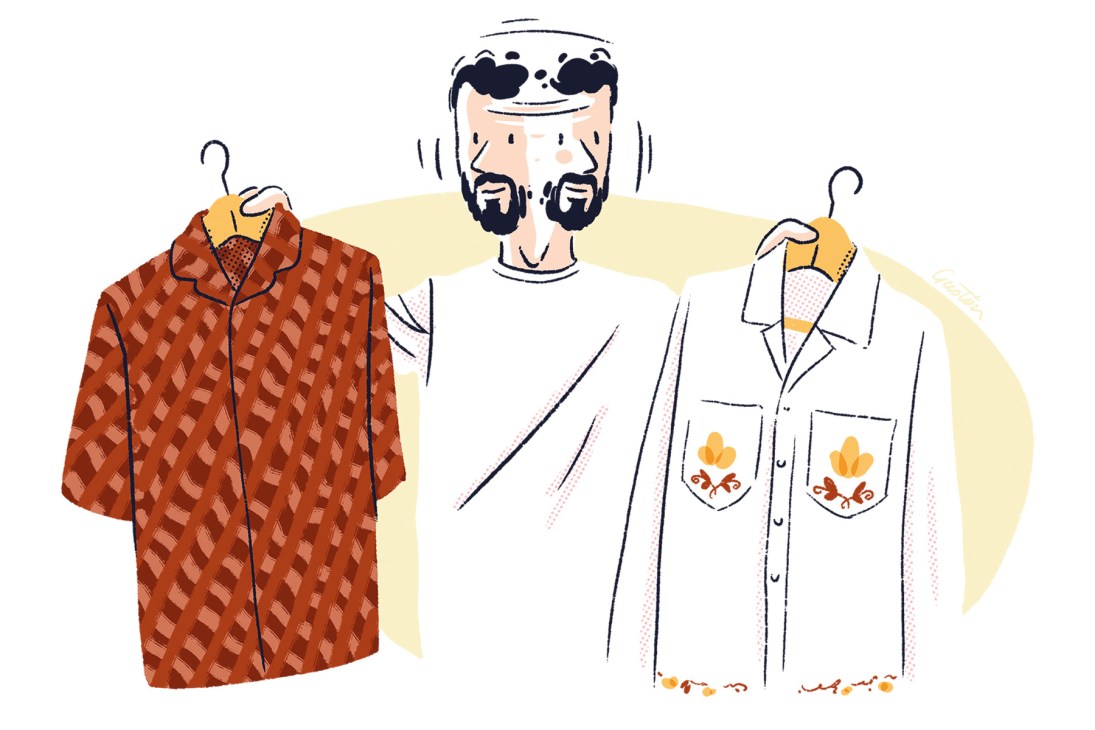 Illustration of Pablo, a bearded man holding a red patterned jacket and white shirt with decorative pockets on hangers.