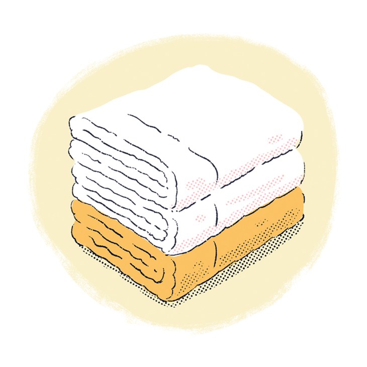 Illustration of stacked towels in white, pink-dotted, and golden-yellow colors.