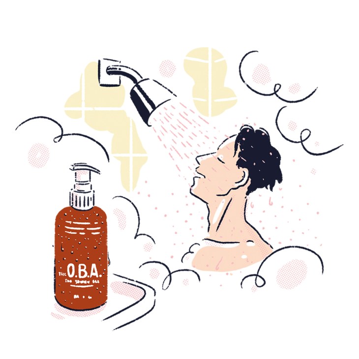 Illustration of a person showering with The Oba shower gel bottle and Dornbracht pump visible below