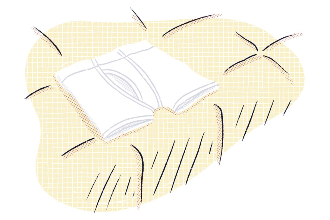Illustration of hands holding open a white brief/underwear garment against a yellow textured background.