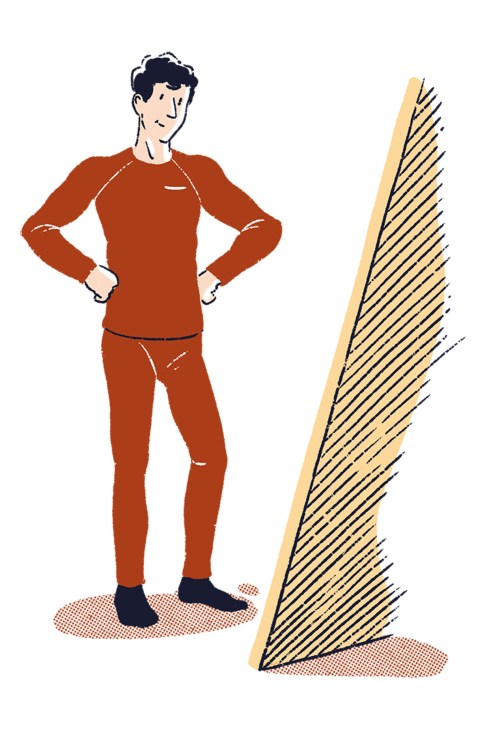 Illustration of a man wearing a rust-red Icebreaker merino thermal shirt and pants.