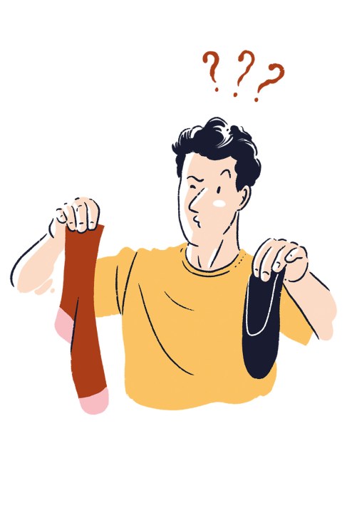 Illustration of a confused person in a yellow shirt holding a red and black sock, with question marks above their head.