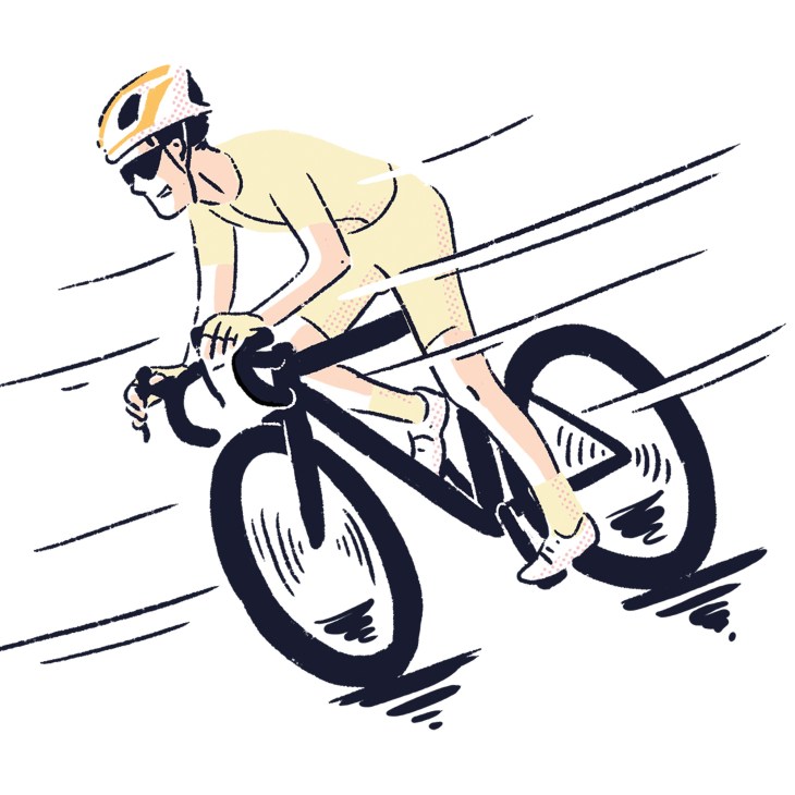 Illustration of cyclist in yellow jersey and helmet riding black bicycle at high speed
