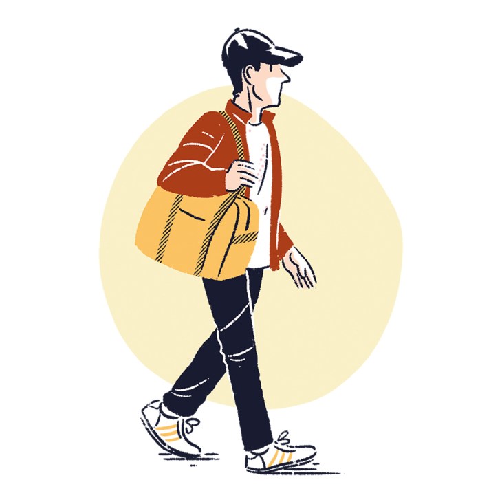 Illustration of man jogging in red jacket, yellow shorts, and black pants carrying yellow Ichizawa Hanpu Boston Bag