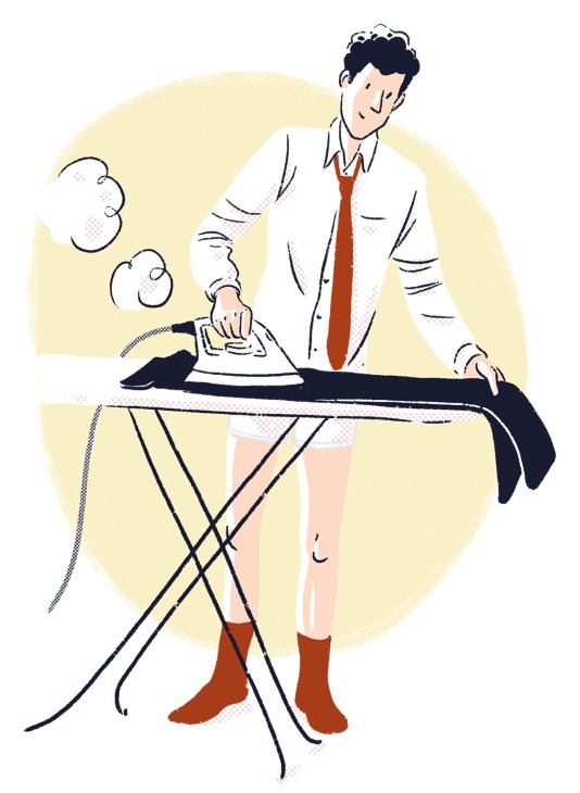 Illustration of a man ironing a black garment on an ironing board.