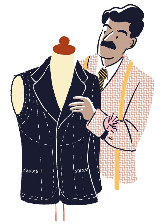 Illustration of a man in a pink houndstooth jacket holding a navy blazer on a dress form for tailoring.