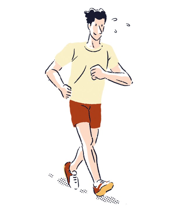 Illustration of a man jogging in a yellow t-shirt and red shorts with running shoes