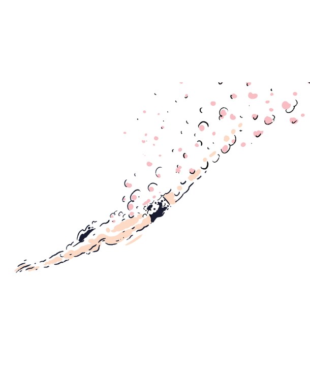 Illustration of a hand releasing pink and peach-colored circles and curved lines in an upward dispersing pattern.